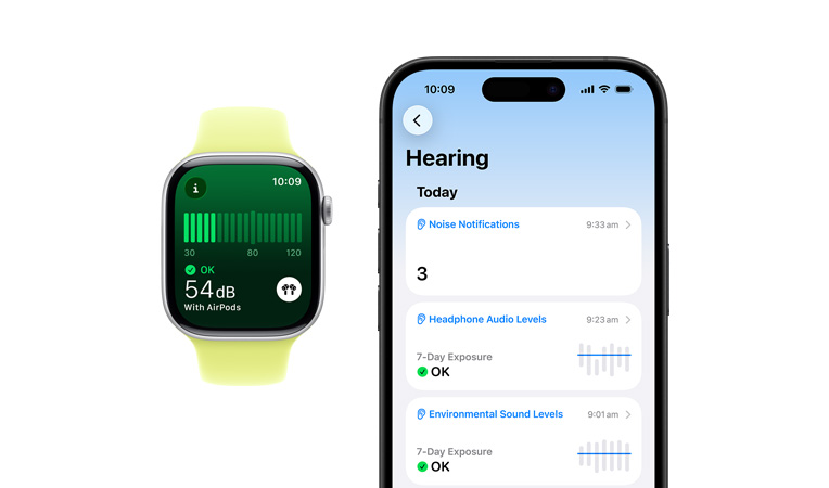 Apple Watch Series 11, aluminium case, silver colour, Noise app, neon yellow Sport Band, detailed Hearing daily summary open on paired iPhone