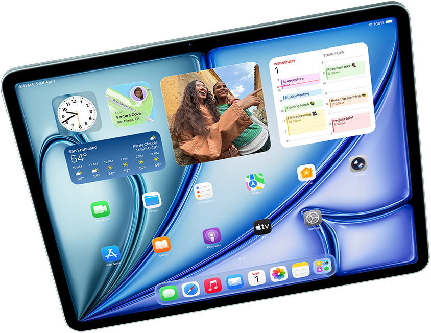 Хоризонтален изглед на iPad Air, показващ Apple Intelligence с Image Playground и Keynote, Apple Pencil Pro