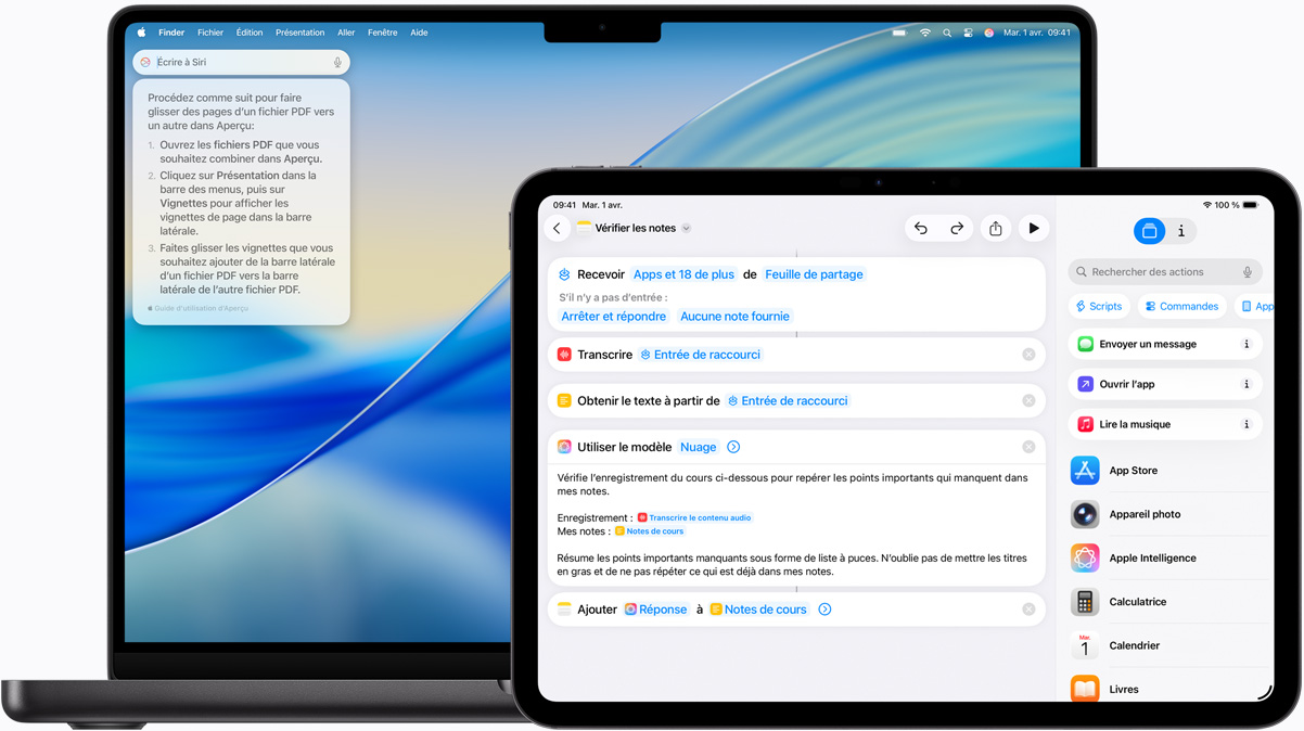 Mac montrant la communication par écrit avec Siri et iPad montrant un Raccourci conçu avec Apple Intelligence.