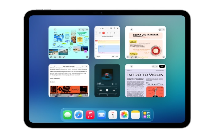 iPad, orientace na šířku, na obrazovce je šest oken ve dvou řadách včetně Kalendáře, Poznámek, Hudby a Safari