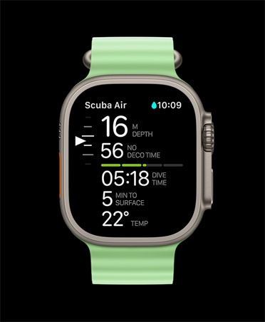 Apple Watch Ultra 3, naturaalne värv, titaanist korpus, Oceanic+ sukeldumisnäitajad: sügavus, rõhualandamisaeg, sukeldumisaeg, pinnale jõudmiseks kuluv aeg, veetemperatuur, rihm Ocean Band, neoonroheline värv