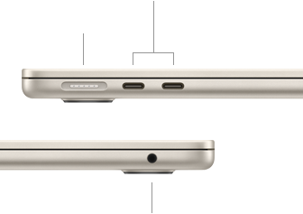MacBook Air, kinni, vasak külg näitamas MagSafe'i ja kahte Thunderbolt pesa, parem pool näitamas kõrvaklapipesa