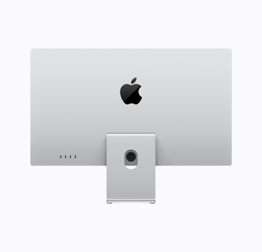 銀色 Apple Studio Display 配備可調校斜度座架，展示背部外觀，黑色光面 Apple 標誌位於中央