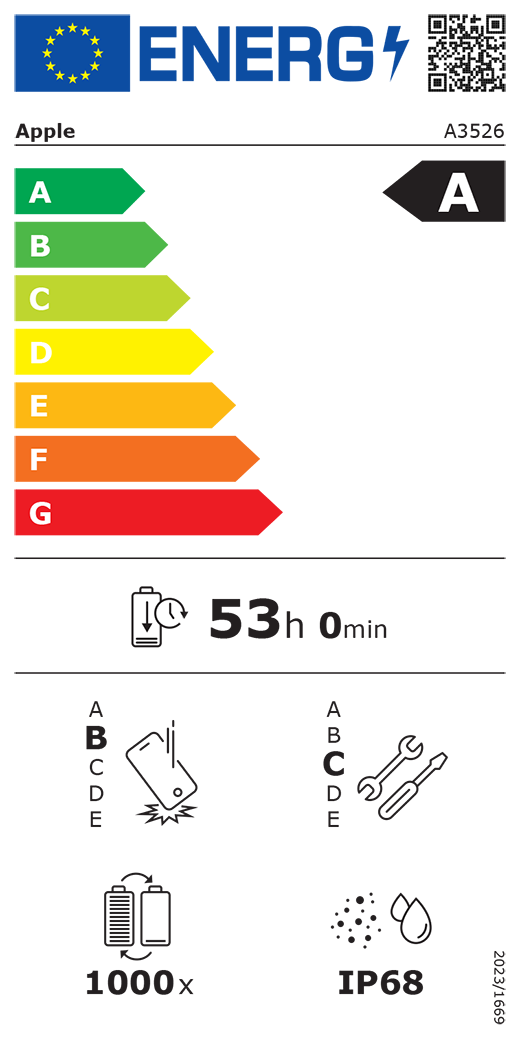 Európai uniós energiacímke QR-kóddal és információkkal. Az A3526-os Apple-modell A osztályú az energiahatékonysági osztályok A-tól (leghatékonyabb) G-ig (legkevésbé hatékony) terjedő skáláján. Az akkumulátor ciklusonkénti tartóssága 53 óra és 0 perc (teljesen feltöltött akkumulátorról). A termék B osztályú az ismételt leejtés elleni védelem A-tól (legellenállóbb) E-ig (legkevésbé ellenálló) terjedő skáláján és C osztályú a javíthatóság A-tól (leginkább javítható) E-ig (legkevésbé javítható) terjedő skáláján. Az akkumulátor tartóssága 1000 ciklus. IP68-as por- és vízállósági besorolás, 2023/1669-es rendelet.