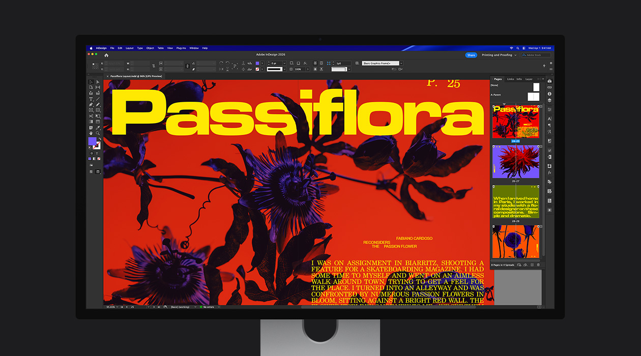Dalam file Adobe InDesign 2026, sebuah spread majalah yang cemerlang menampilkan ruang warna P3 + Adobe RGB