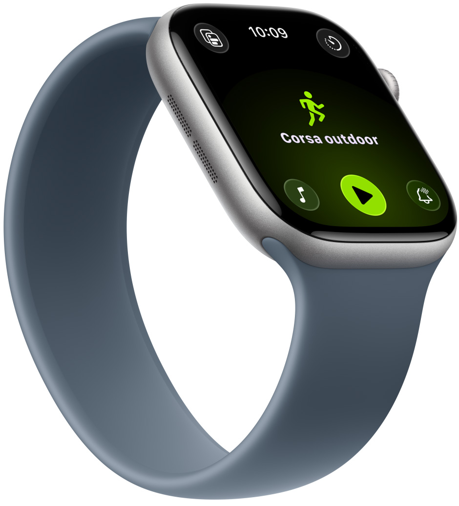 Apple Watch Series 11, cassa in alluminio grigio siderale,  allenamento Corsa outdoor, comandi di Apple Music nella parte inferiore del display, cinturino Solo Loop blu salmastro