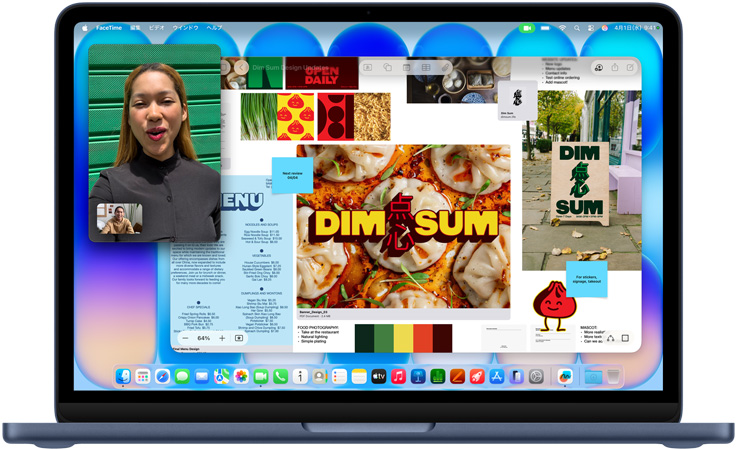 インディゴのMacBook Neo。進行中のビデオ通話と、メニュー、食品の写真、飲茶レストランのイラストが配置されたフリーボードが表示されている