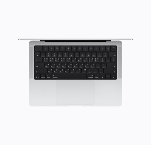 실버 색상, 열려 있는 MacBook, 상단부 모습