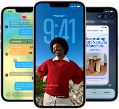 Trys „iPhone 17e“ telefonai, kuriuose matoma programa „Žinutės“ ir „Liquid Glass“ dizainas, dinaminis užrakintas ekranas ir naudojama funkcija „Visual Intelligence“