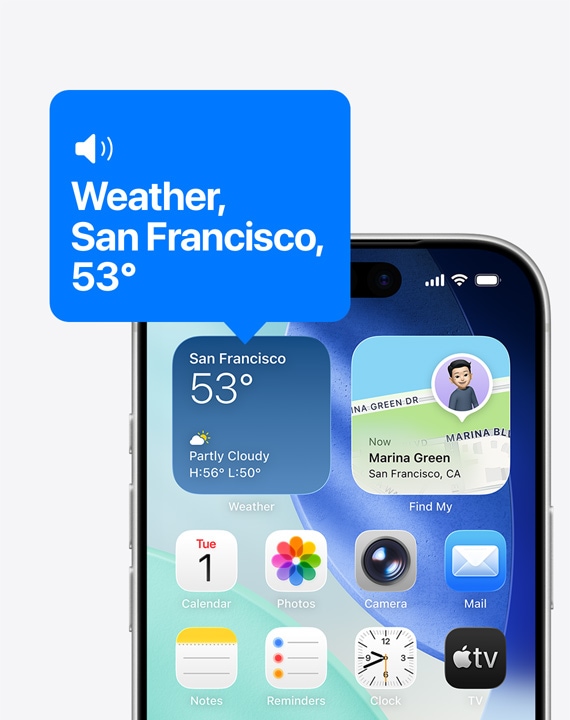 „iPhone“ pagrindinis ekranas, „VoiceOver“ balsu skaitoma orų valdiklio piktograma
