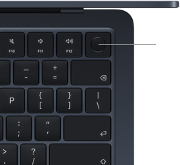 MacBook Air tastatūra, augšējais labais stūris, demonstrē Touch ID pogas atrašanās vietu