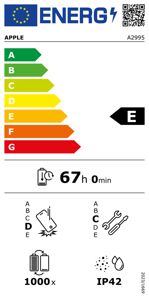 Etykieta energetyczna UE, kod QR i informacje, model Apple A2995, klasa E, klasy efektywności energetycznej (w skali od A do G), od A (najwyższa efektywność) do G (najniższa efektywność), trwałość baterii na cykl, 67 godzin i 0 minut na pełne naładowanie baterii, wytrzymałość na spadki swobodne wielokrotne klasy D, od A (największa solidność) do E (najmniejsza solidność), możliwość naprawy klasy C, od A (największa możliwość naprawy) do E (najmniejsza możliwość naprawy), trwałość baterii w cyklach 1000, ochrona przed wnikaniem pyłu i wody (IP) klasy IP42, rozporządzenie 2023/1669