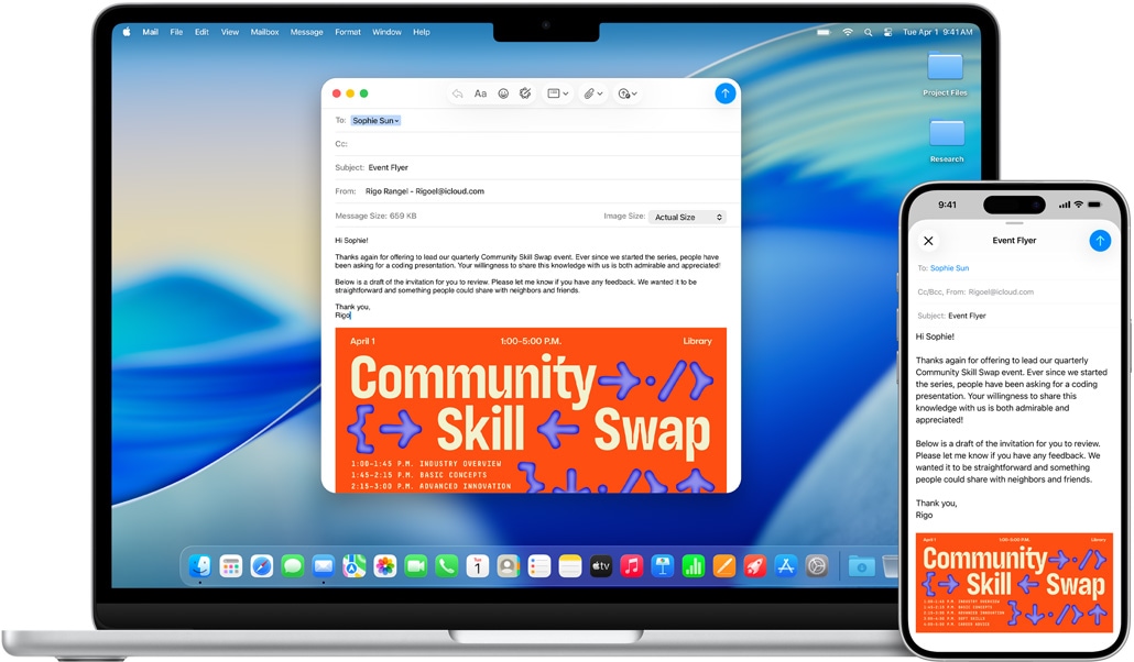iPhone 16 Plus, 13‑calowy MacBook Air, otwarta aplikacja Poczta, ta sama wiadomość wyświetlana na obu ekranach