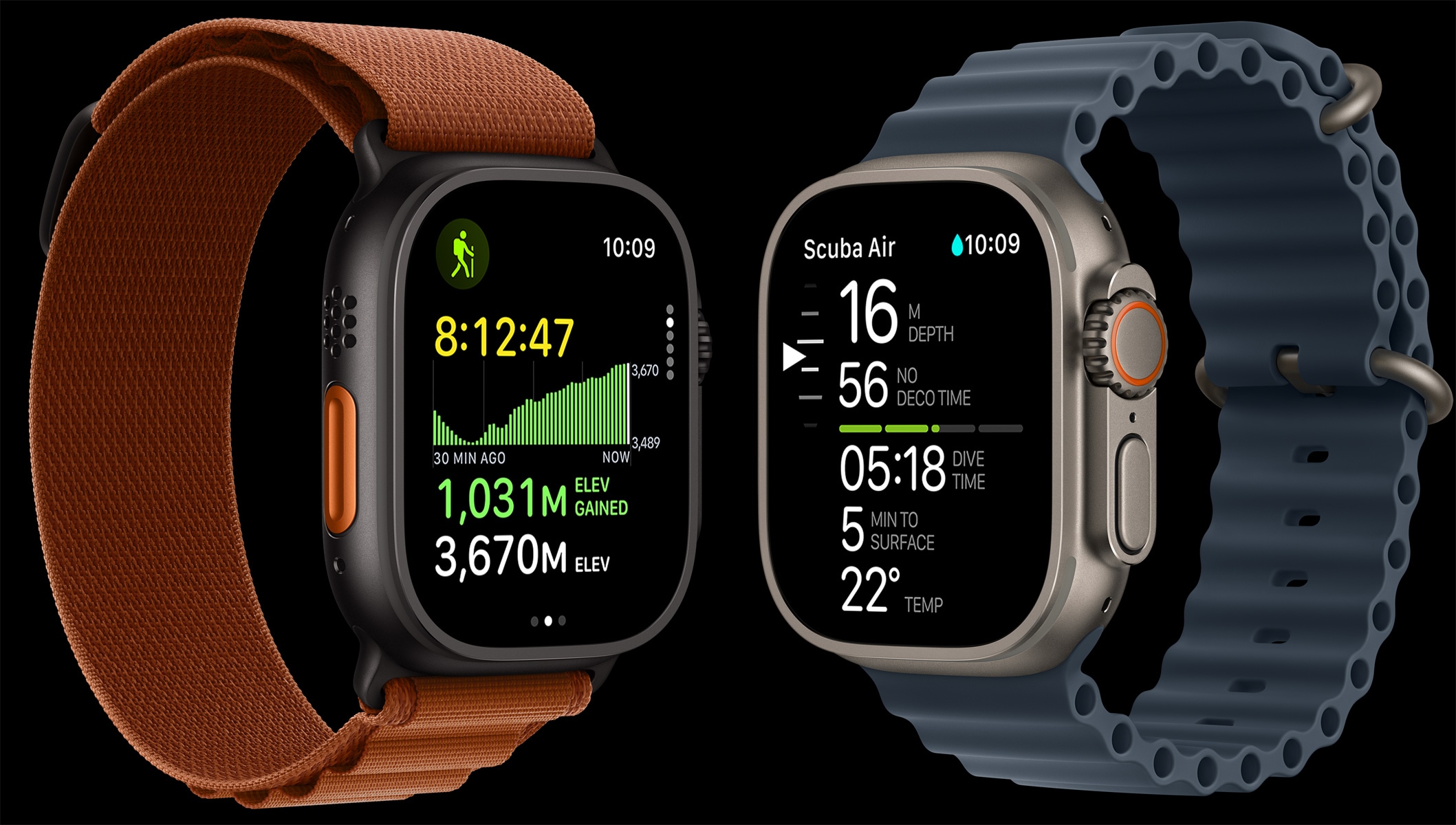 Dispozitive Apple Watch Ultra 3, carcase din titan, culori negru și natural, imagine Exercițiu de drumeție, măsurători scufundări, curele, brățară Alpină, culoare Teracotă, curea Oceanică de culoare Albastru ancoră