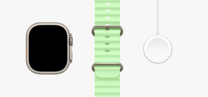Apple Watch Ultra 3, 내추럴 티타늄 색상 케이스, 전면 화면 디스플레이, 네온 그린 오션 밴드, Apple Watch 마그네틱 급속 충전기-USB-C 케이블