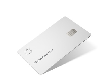 Apple Card, front, Apple logo in top left, cardholder name in middle left Marisa Robertson, card chip in middle right