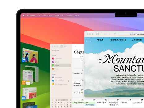 Keynote, Pages, Mail ve sakin bir mabet hakkında bir web sayfası da dahil olmak üzere birden fazla pencere ve uygulama gösterilen bir ekran.