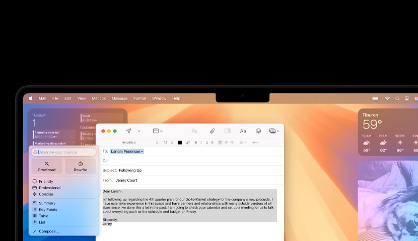En arbejdsmail på et Mac-skrivebord med et forslag fra Apple Intelligence. Bag mailvinduet er der en Kalender-widget.