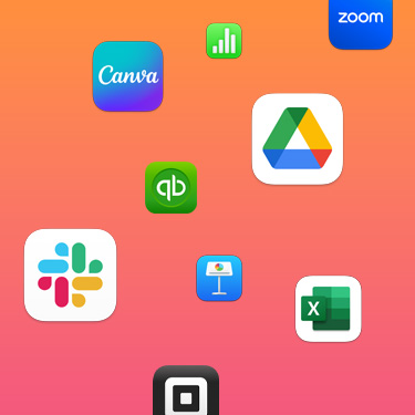 Ikony aplikacji zwiększających produktywność na kolorowym tle, w tym Slack, Canva, Google Workspace, Zoom, QuickBooks, Keynote, Excel, Square i Numbers.