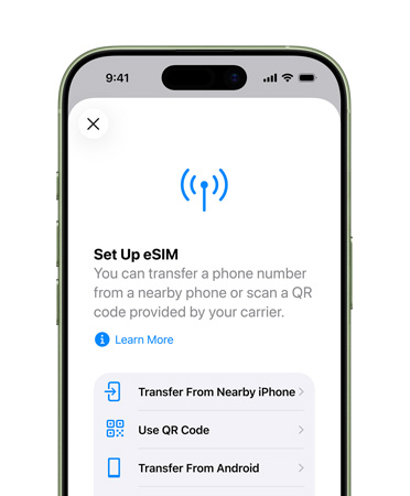 iPhone 17, etupuoli, käyttää Ota käyttöön mobiilidata ‑ominaisuutta puhelinnumeron helppoon siirtämiseen eSIM-kortilla