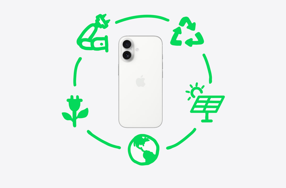 Graafik, kus on toodud välja sammud, mida Apple on teinud materjalide ümbertöötamiseks ja taaskasutamiseks disaini ja hankimise, valmistamise, pakendamise ja transportimise, kasutamise ja taastamise vallas, tehes ringi ümber udusinise viimistlusega iPhone 17 tagakülje.