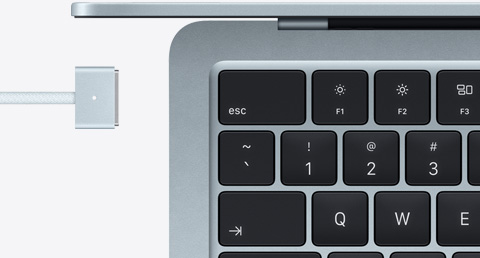 MacBook Air in Sky Blue colour with colour-matched MagSafe cable