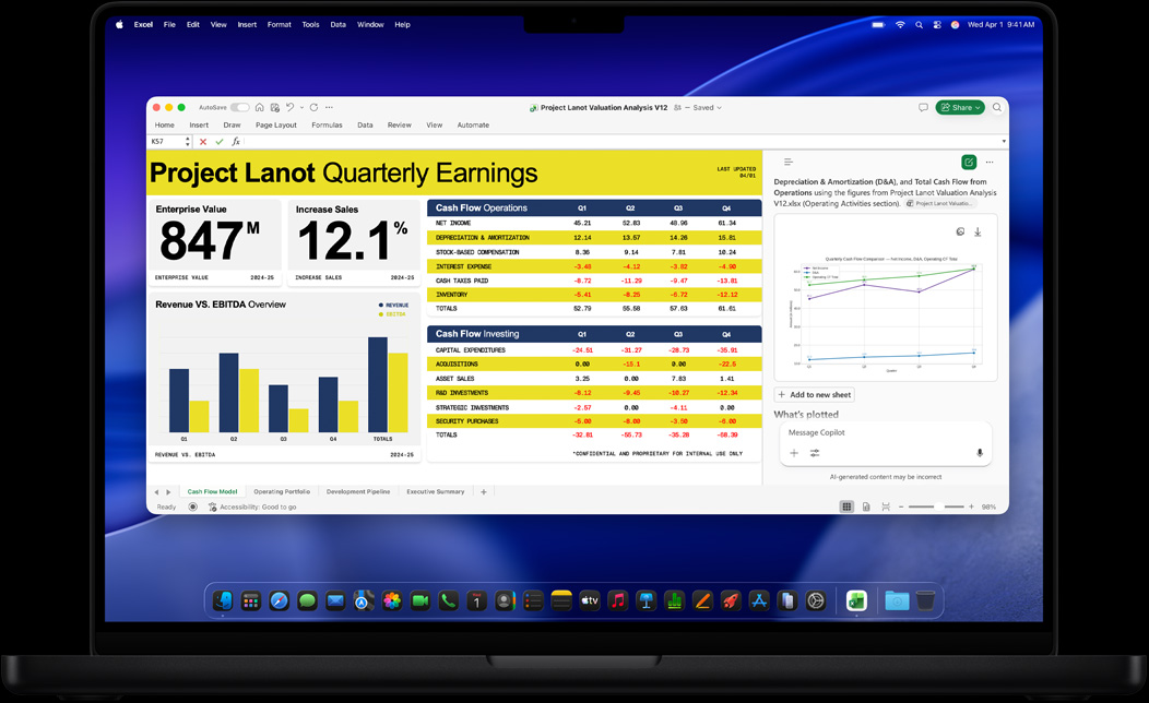 MacBook Pro 螢幕展示使用 Excel 建立季度營收報告