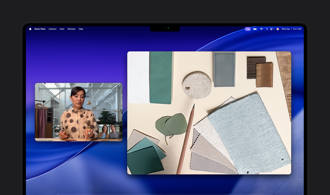 Một cuộc gọi video trên MacBook Pro của một người sử dụng tính năng Desk View để cho hai người khác trong cuộc gọi thấy không gian làm việc của mình đầy các khối vải, Desk View cho phép họ hiển thị đồng thời không gian làm việc và khuôn mặt của mình