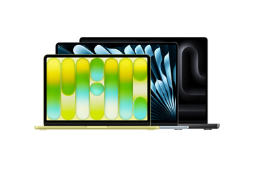 Trois produits MacBook : MacBook Neo 13 pouces, ouvert, couleur jaune agrume, écran Liquid Retina, pieds arrondis surélevés, MacBook Air 15 pouces, ouvert, coloris bleu ciel, pieds arrondis surélevés, MacBook Pro 16 pouces, ouvert, noir sidéral, pieds arrondis surélevés