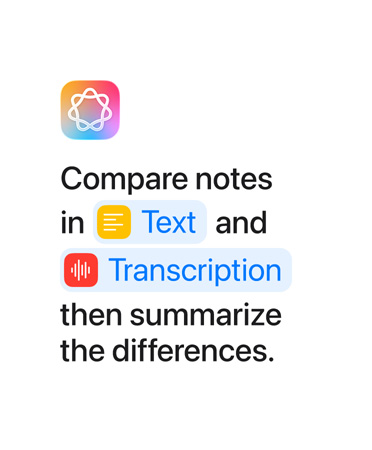 Mensaje «Compara notas en Texto y Transcripción y luego resume las diferencias» con las palabras «Texto» y «Transcripción» destacadas en azul, tal y como saldrían en la aplicación Atajos
