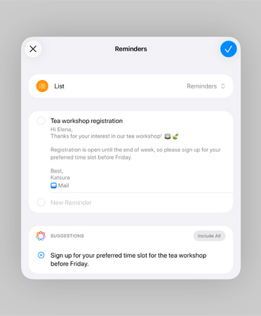 Lijst in Herinneringen met slimme reminders en voorgestelde taken