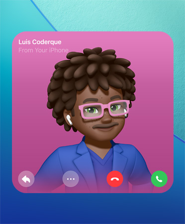 FaceTime-contactposter, Genmoji in het midden, naam van de persoon linksboven, onderaan symbolen voor antwoorden, meer opties, ophangen en opnemen