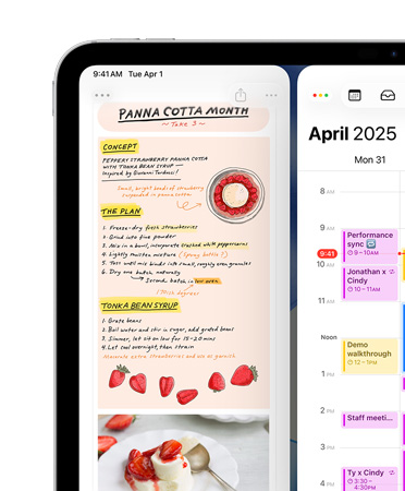 iPad, horizontale stand, linksboven op het scherm staan Notities en Agenda, naast elkaar gerangschikt, als voorbeeld van venstertegels
