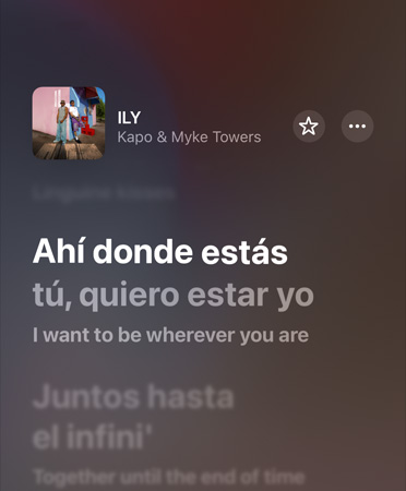 Apple Music에서 재생 중인 Kapo & Myke Towers의 ILY 가사가 스페인어에서 영어로 번역된 모습