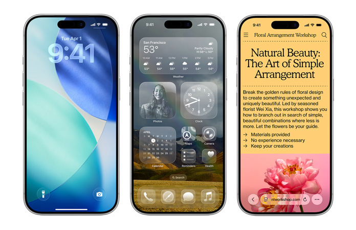 Perangkat iPhone berdampingan, menampilkan berbagai elemen desain baru di iOS, seperti Layar Terkunci dengan angka waktu Liquid Glass yang tembus pandang dan layar utama dengan ikon aplikasi jernih Liquid Glass