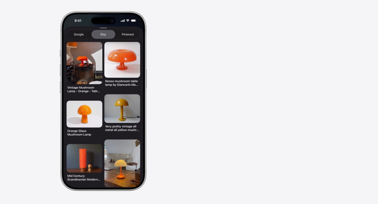 iPhoneにEtsyからの様々なキノコ型のランプの画像が表示されている。両隣にはGoogleとPinterestのタブもある