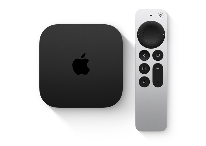 Imagem de uma Apple TV 4k e um Siri Remote